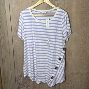 NWT Yarn & Sea Lavender Oatmeal Striped Asymmetrical Hem Button Detail T-Shirt